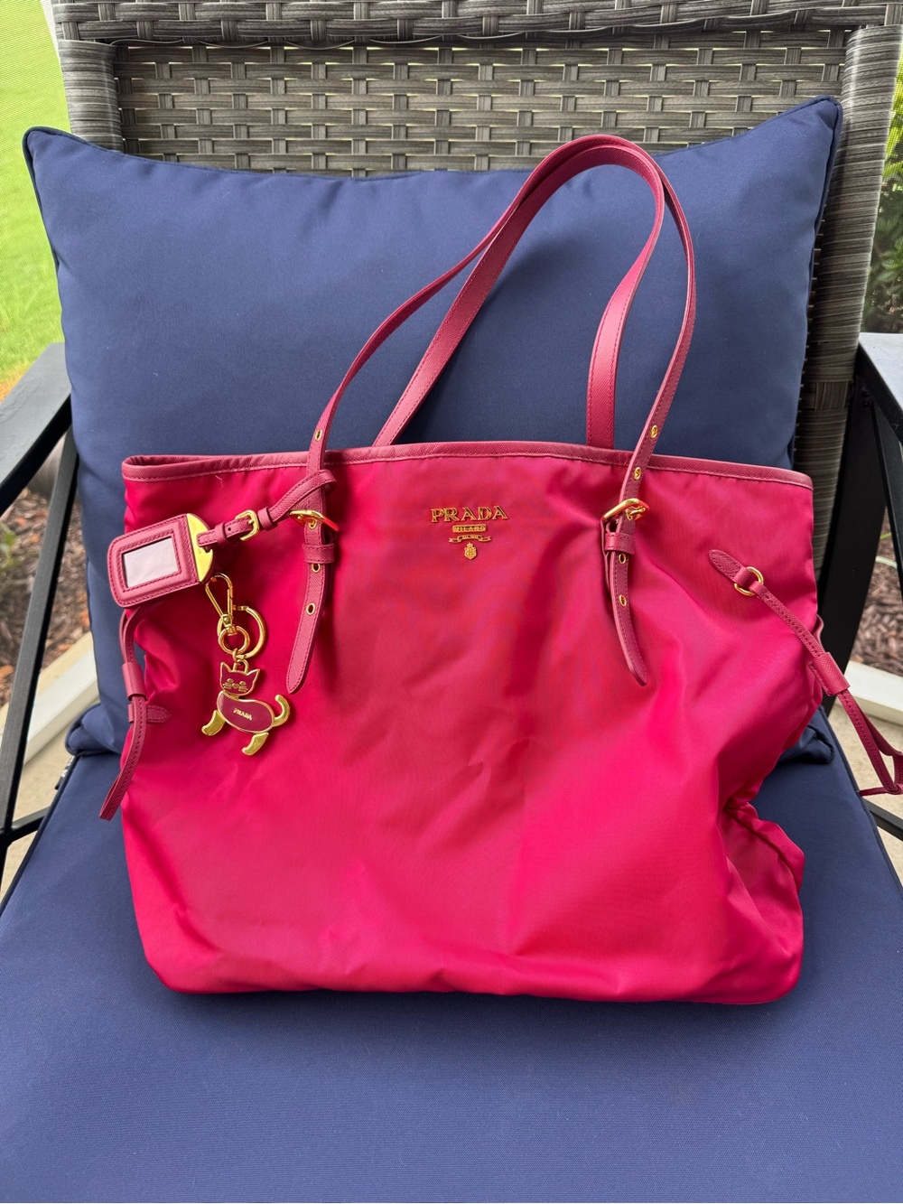 Prada Hot Pink Nylon Tote with Gold Accents